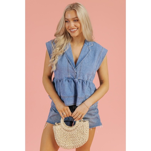 Dusk Blue Lapel Denim Babydoll Top - S - Main Image