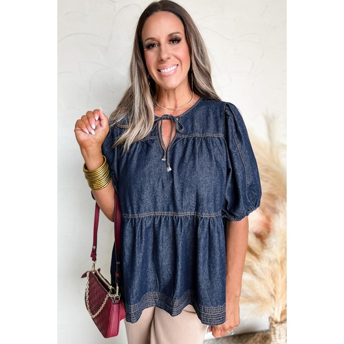 Sail Blue Puff Sleeve Lace-up Neckline Splicing Denim Blouse - L - Main Image