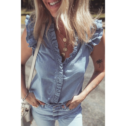 Beau Blue Frilly Ruffle Trim V Neck Chambray Tank Top - XL - Main Image