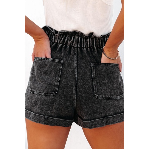 Black Vintage Washed Frilled High Waist Denim Shorts - 12 US - Main Image