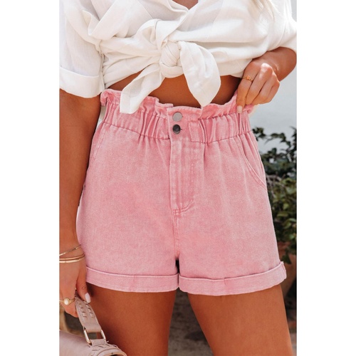 Dusty Pink Vintage Washed Frilled High Waist Denim Shorts - 10 US - Main Image
