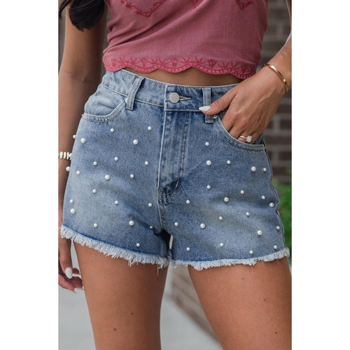 Dusk Blue Pearl Beaded Raw Hem Medium Wash Denim Shorts - 8 US - Main Image