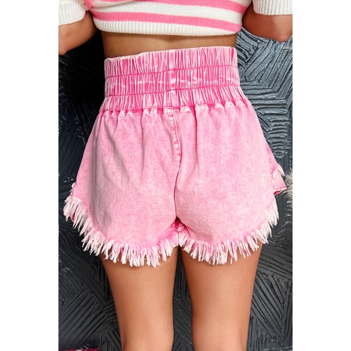 Pink Washed Wide Smocked Waistband Frayed Denim Shorts - 8 US - Main Image
