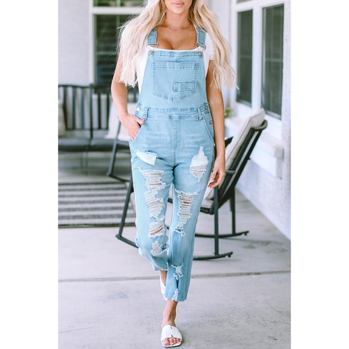 Sky Blue Constructed Bib Pocket Distressed Denim Overalls - XL - Main Image