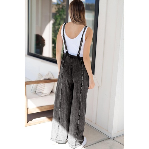 Dark Grey Light Wash Frayed Exposed Seam Wide Leg Denim Overall - L - Main Image