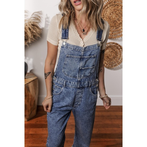 Sail Blue Denim Bib Straight Leg Jumpsuit with Pockets - S - Main Image
