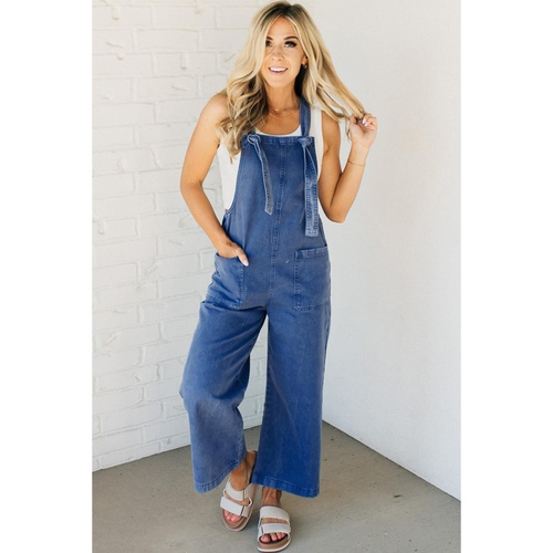 Prussian Blue Mineral Wash Knotted Strap Patched Pocket Wide Leg Denim Overalls - L - Main Image