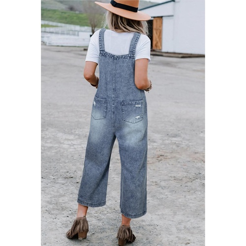 Azura Exchange Stone Blue Distressed Bib Pocket Wide Leg Denim Overall - XL - Main Image