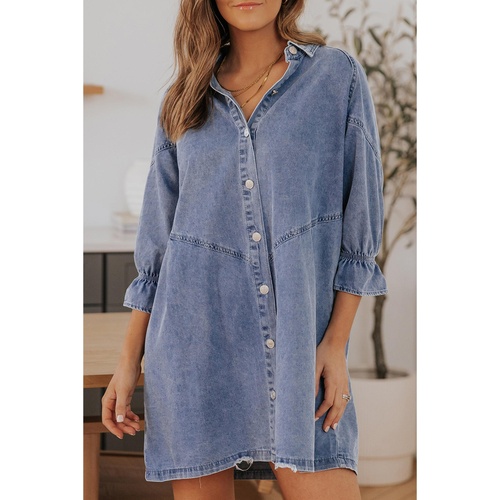 Azura Exchange Sky Blue Buttoned Long Sleeve Denim Mini Dress - M - Main Image