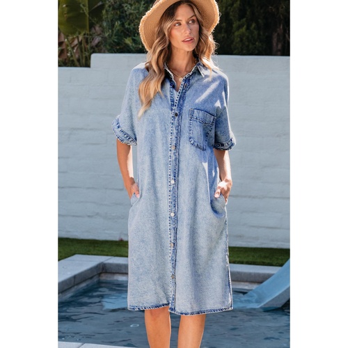 Light Blue Loose Medium Wash Short Sleeve Shirt Chambray Dress - XL - Main Image