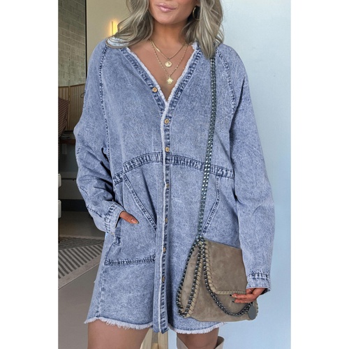 Beau Blue Mineral Wash Long Sleeve Button Up Raw Hem Pocketed Denim Dress - L - Main Image