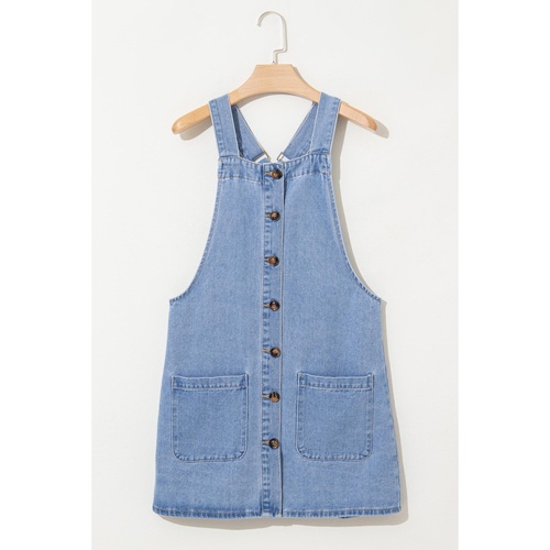 Beau Blue Wide Strap Button Front Pocketed Denim Mini Dress - XL - Main Image