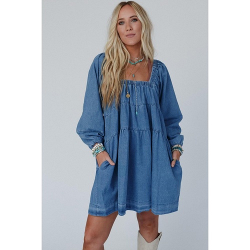 Dusk Blue Square Neck Side Pockets Loose Fit Denim Mini Dress - L - Main Image