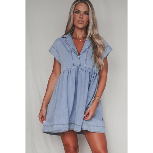 Beau Blue Lapel Neck Cap Sleeve High Waist Denim Babydoll Dress - S - Main Image