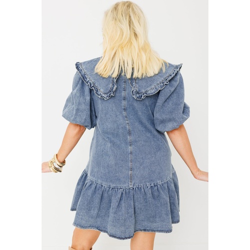 Dusk Blue Ruffled Collared Side Pockets Puff Sleeve Denim Mini Dress - S - Main Image