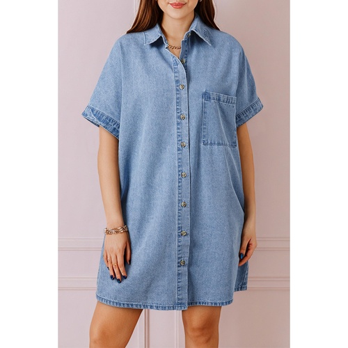 Dusk Blue Short Sleeve Pocketed Button up Denim Tunic Dress - S - Main Image