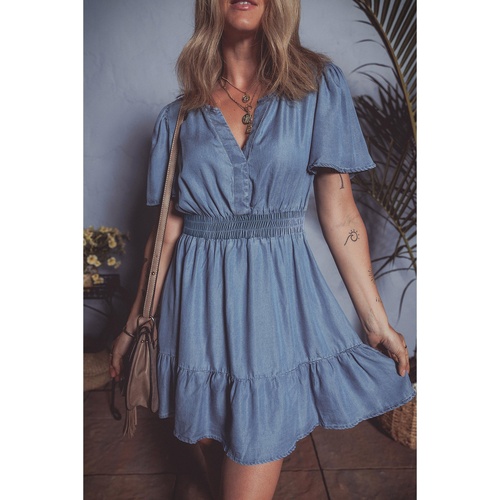 Ashleigh Blue Ruffled V Neck Smocked High Waist Denim Mini Dress - S - Main Image