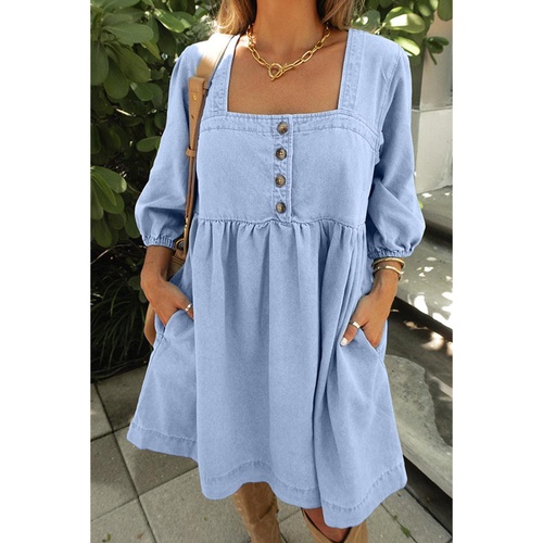 Beau Blue Denim Button Detail Babydoll Square Neck Mini Dress - L - Main Image
