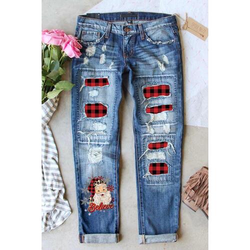Azura Exchange Plaid Splicing Distressed Jeans - 2XL - Main Image