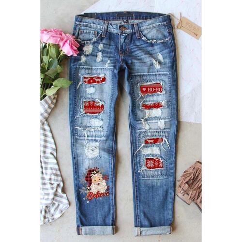 Azura Exchange Distressed Boyfriend Jeans with Santa Claus Pattern - S - Main Image