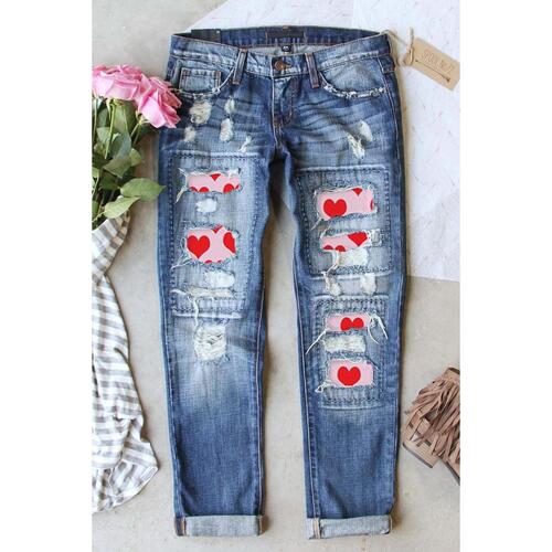Azura Exchange Heart Patchwork Distressed Jeans - 14 US - Main Image