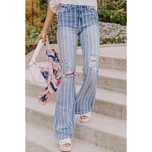 Azura Exchange Vertical Striped Ripped Flare Jeans - 14 US - Main Image