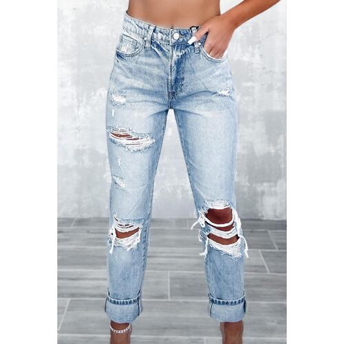 Azura Exchange Frayed Sky Blue Slim Fit High Waist Jeans - 10 US - Main Image
