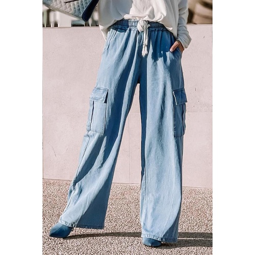 Sky Blue Drawstring High Waist Cargo Pocket Wide Leg Jeans - L - Main Image