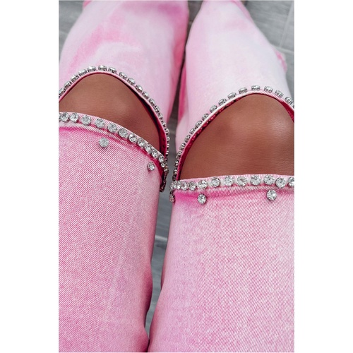 Pink High Waist Rhinestone Cutout Wide Leg Jeans - 14 US - Main Image