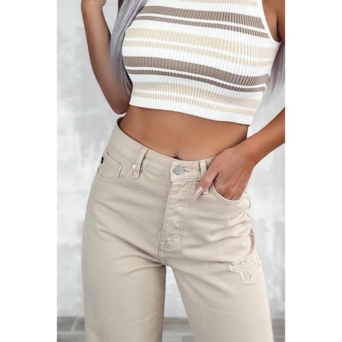 Khaki High Waist Ripped Wide-Leg Jeans - 16 US - Main Image