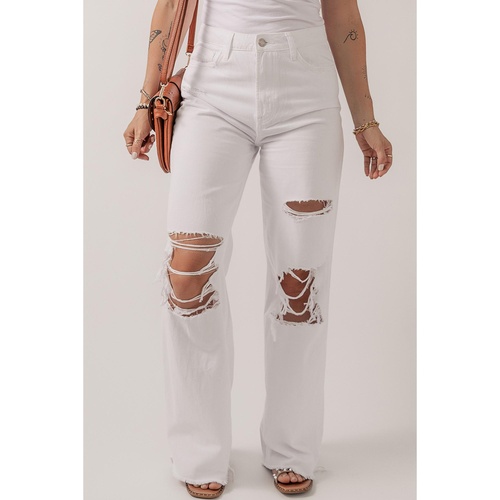 Bright White Heavy Distressed Straight Leg Jeans - 14 US - Main Image