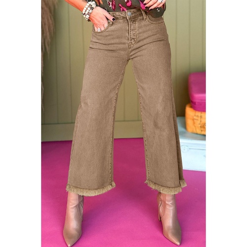 Light French Beige Acid Washed High Rise Cropped Wide Leg Jeans - 14 US - Main Image