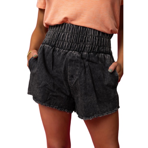 Black Smocked High Waist Mineral Washed Jean Shorts - 8 US - Main Image