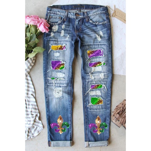 Sky Blue Shiny Mardi Gras Fleur-de-lis Patch Distressed Jeans - 8 US - Main Image