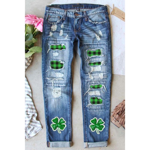 Sky Blue Glitter Clover Patch Plaid Insert Distressed Jeans - 18 US - Main Image