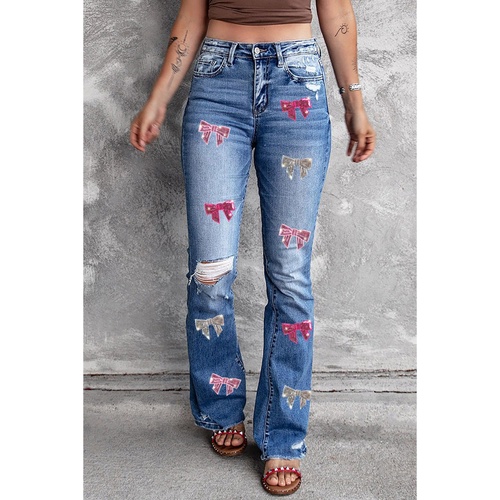 Blue Sequin Bowknot Print Distressed Flared Jeans - 16 US - Main Image