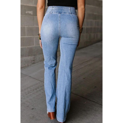 Light Blue Fly Button Exposed Seam Patched Pocket Flare Jeans - 10 US - Main Image