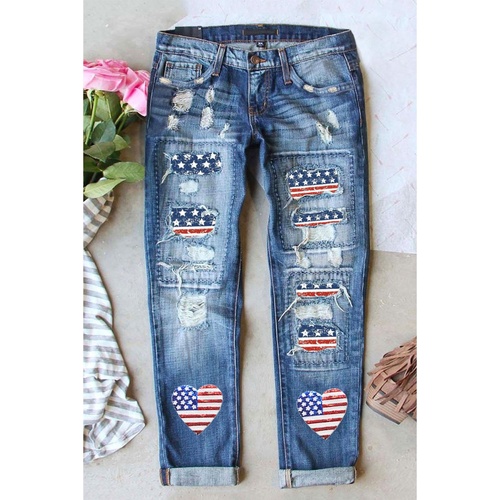 Sky Blue Heart-shape American Flag Patch Frayed Jeans - 18 US - Main Image
