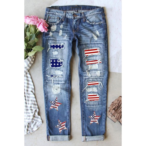 Sky Blue Sequin American Flag Star Graphic Distressed Straight Jeans - 18 US - Main Image