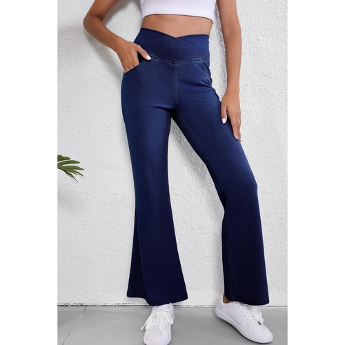 Dusk Blue Solid Crossed Waist High Elastic Fit Flare Knit Jeans - L - Main Image