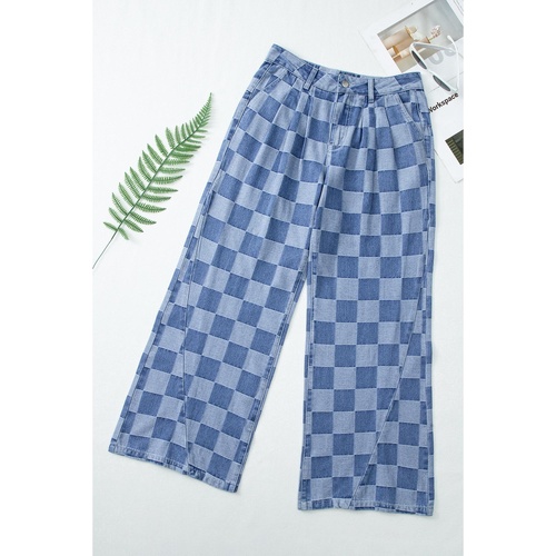 Dusk Blue Checkered Denim Wide Leg Jeans - 12 US - Main Image