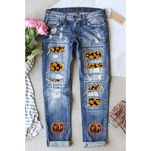 Sky Blue Halloween Pumpkin Patchwork Distressed Straight Leg Jeans - 18 US - Main Image