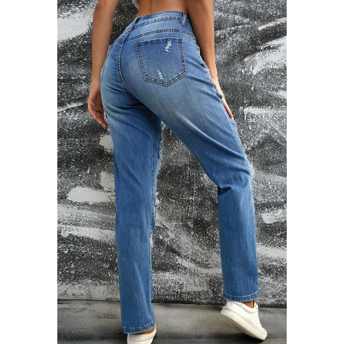 Sky Blue Sequin Pumpkin Patched Distressed Straight Leg Jeans - 8 US - Main Image