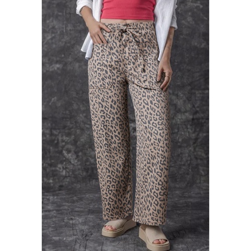 Azura Exchange Khaki Leopard Printed Drawstring Waist Pocketed Wide Leg Jeans - 10 US - Main Image