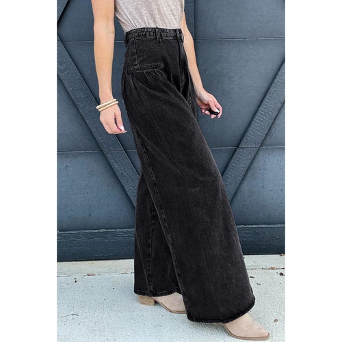 Dark Grey Pleated Wide Leg Mineral Wash Denim Pants - 10 US - Main Image