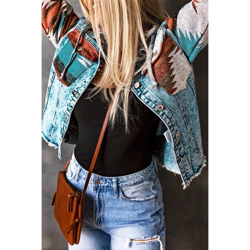 Azura Exchange Multicolor Aztec Print Frayed Hem Denim Jacket - 2XL - Main Image