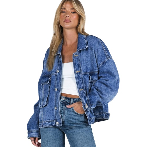 Blue Chest Pockets Drop Shoulder Loose Denim Jacket - L - Main Image