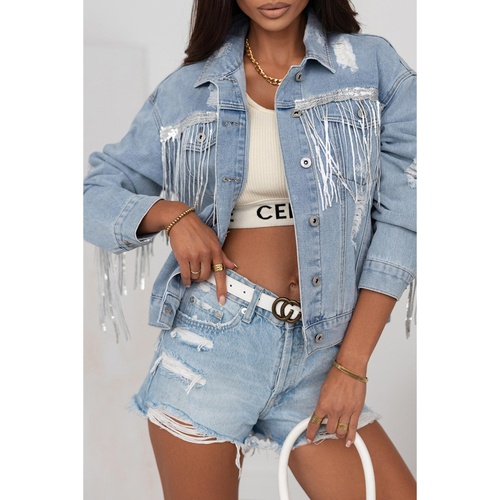 Sky Blue Sequin Embellished Fringe Distressed Denim Jacket - L - Main Image