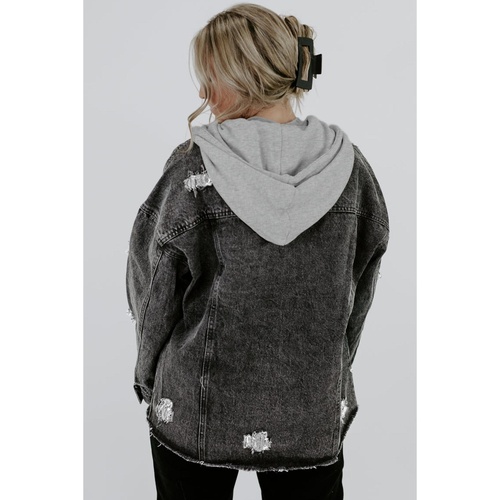 Black Drawstring Hooded Frayed Denim Jacket - M - Main Image
