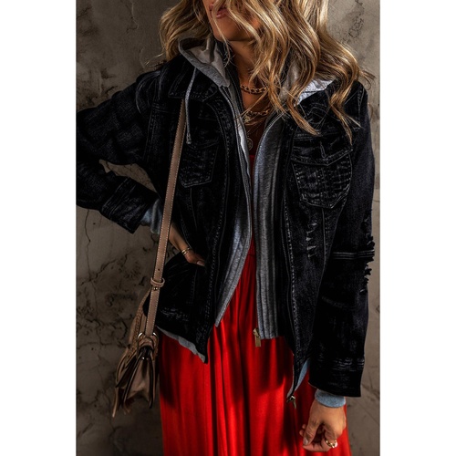 Black Fake Two-Piece Hooded Zip-Up Denim Jacket - 2XL - Main Image